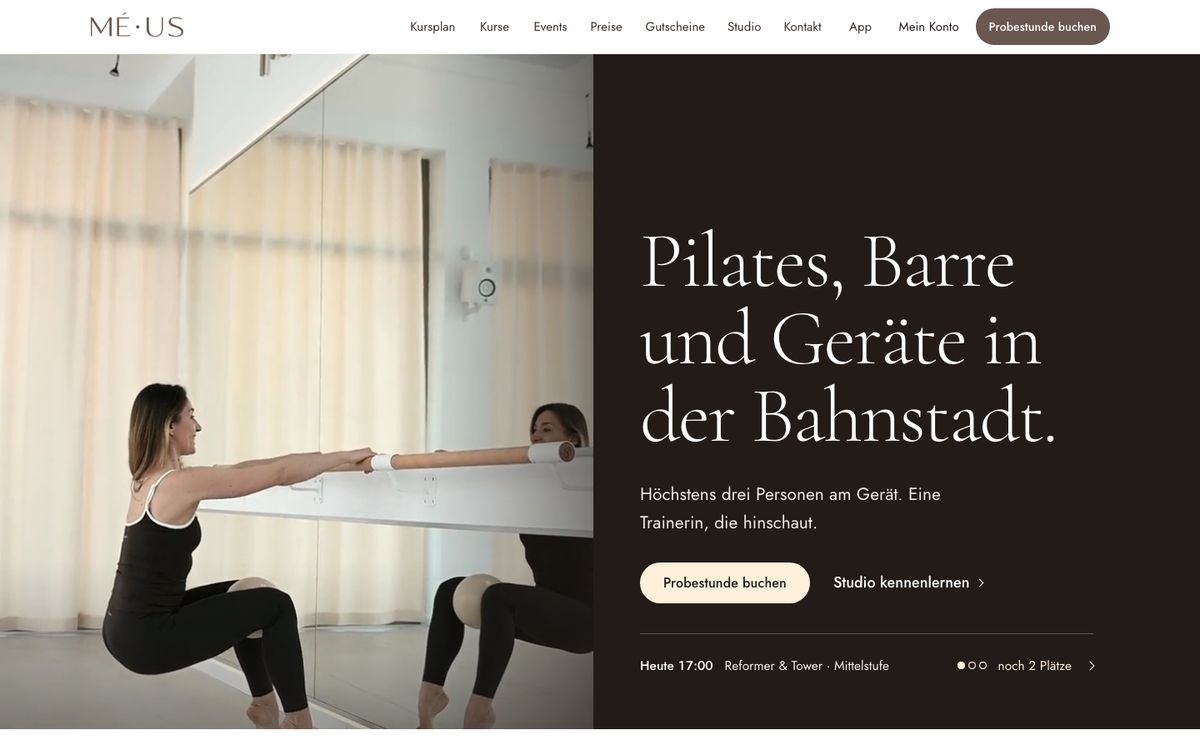 Startseite von MÉ·US Pilates & Barre Studio am Computer